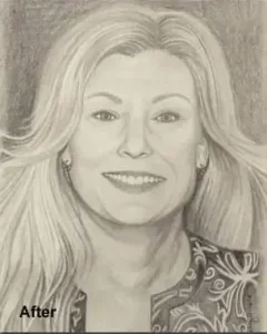 After photo of a realistic face sketch from Art Class in Belterra, showing incredible student progress in portrait drawing