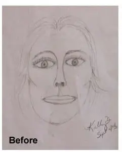 Before photo of an early face sketch from Art Class in Avery Ranch, showing a student’s starting point in portrait drawing