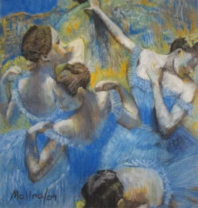 Pastel artwork of multiple women dancing created during Art Class in Circle C, capturing movement and form