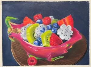 Still life painting of assorted fruits arranged inside a dragon fruit during Art Class in Avery Ranch