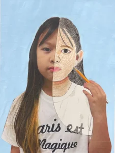 Young artist drawing half of their face over a self-photo using pastel during Art Class in South Austin, blending abstract and personal expression