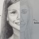 Side-by-side before and after drawings by a child in Austin art class, showing progress from beginner sketch to realistic portrait