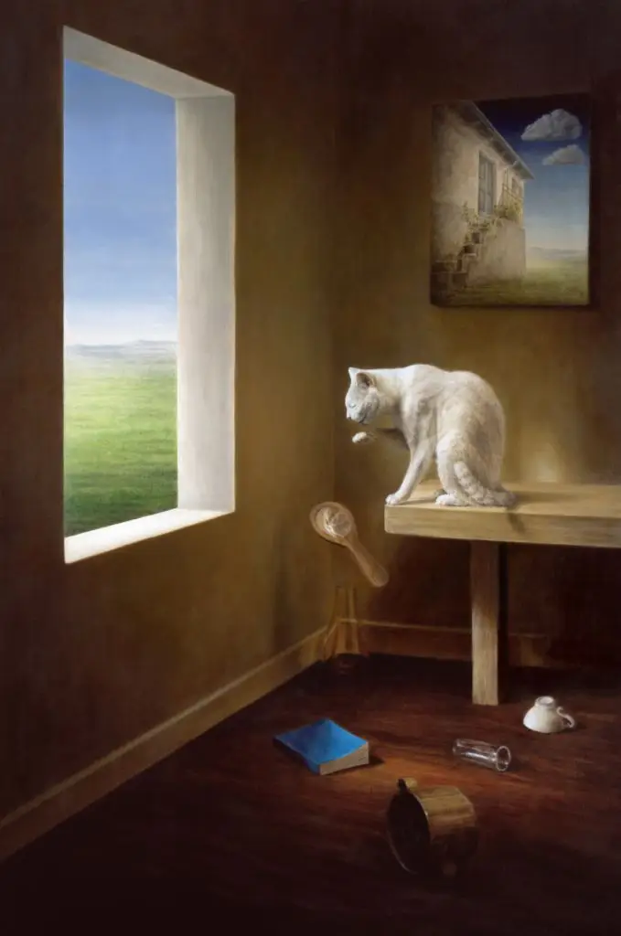 Peace in the Midst of Chaos, oil on canvas, 36x24 in by Marlene Llanes cat window