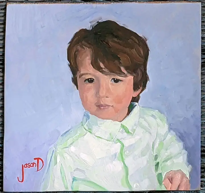 Oil painting on panel. A portrait of a young boy against a blue background by Mr. Jason Daves